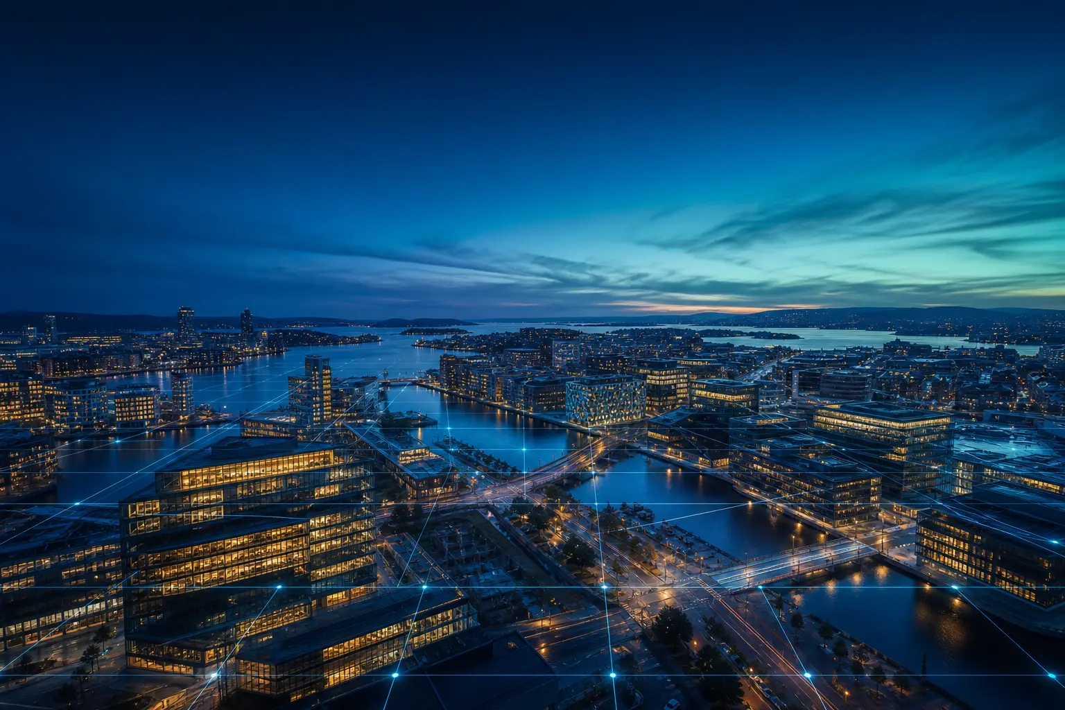 Stockholm i skymning med ett nätverk av ljuslinjer över staden