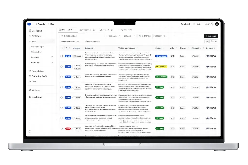 Bärbar dator som visar kravlistan i Qrendo req:ai med status och spårbarhet per krav